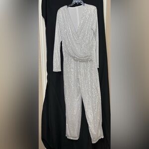 Silver Sequin Long-Sleeve Jumpsuit